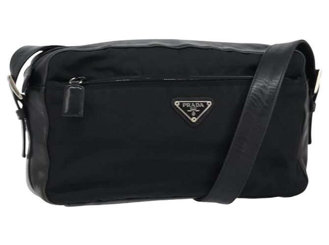 PRADA Schultertasche Nylon Leder Schwarz Silber