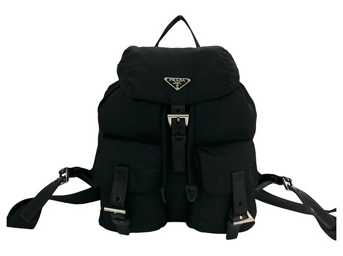 Prada Triangle Logo Hardware Tessuto Pocono Nylon Leather Backpack Black