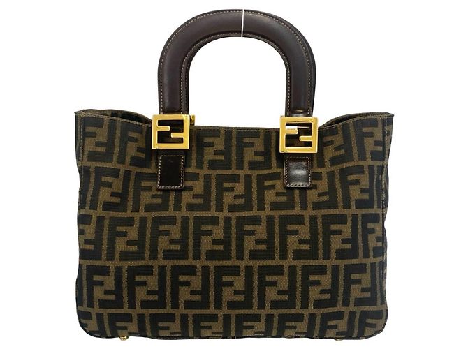 Sac à main cabas Fendi Zucca FF Logo Hardware Canvas Leather Marron Noir