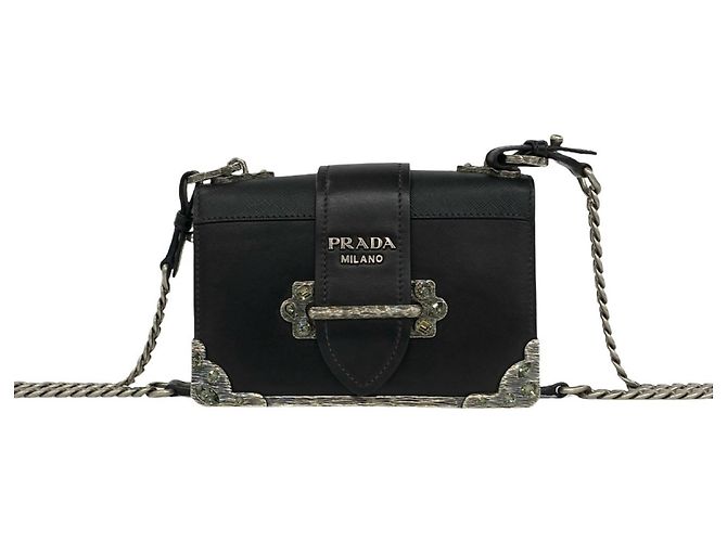 Prada Cahier Logo Leather Chain Mini Shoulder Bag Black