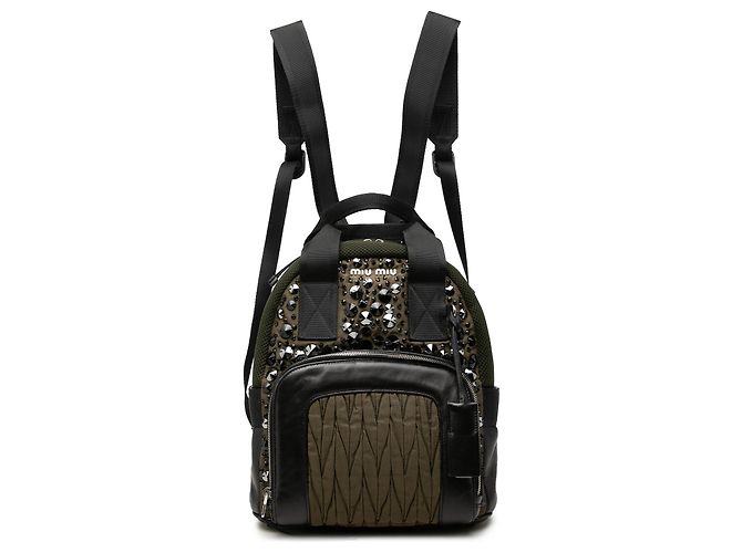 Zaino in nylon Matelassé Miu Miu con rifiniture in pelle marrone e cristalli Cachi
