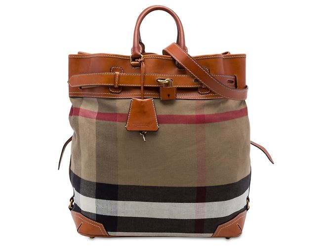 Bolsa Satchel Burberry em lona Mega Check marrom e couro