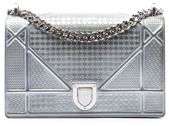 Dior Silver Medium Metallic Patent Microcannage Diorama Flap Plata