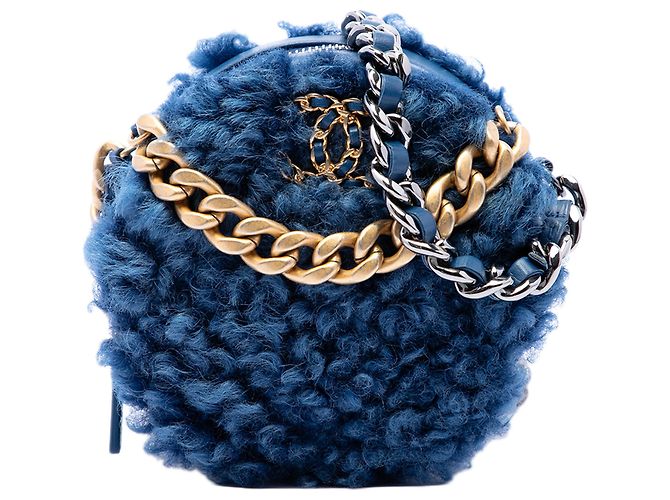 Chanel Blue Shearling 19 Round Clutch with Chain Bleu