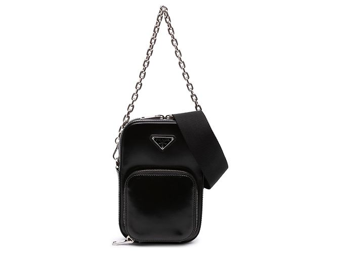 Prada Mini Handy-Tasche aus gebürstetem Leder in Schwarz