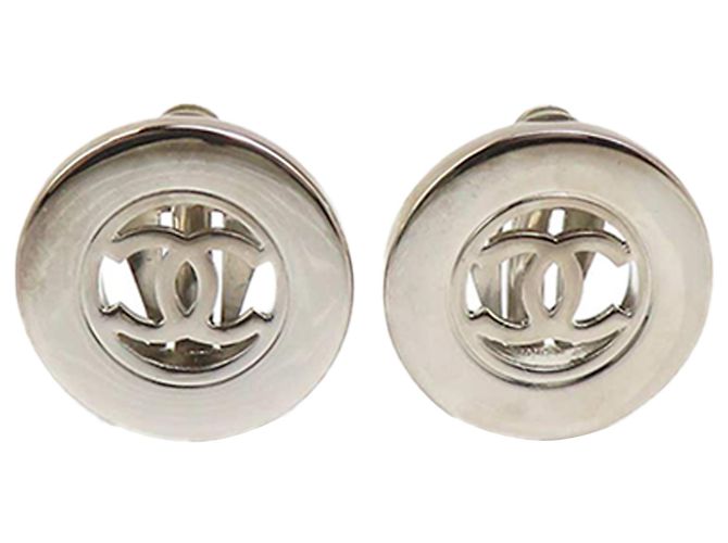 Chanel Silver CC Messing Runde Clip-On Ohrringe Silber