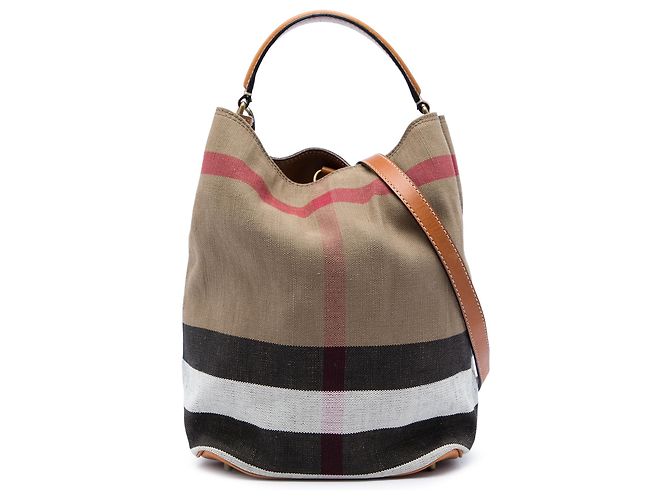 Borsa Secchiello Burberry Ashby in Tela Mega Check Brown Medium Marrone Marrone chiaro