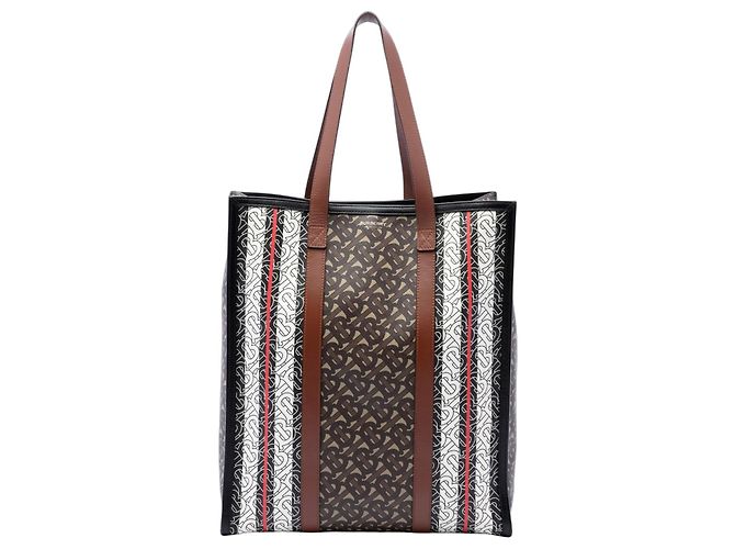 Bolso Tote Vertical Burberry Brown TB Monogram E-Canvas Stripe Castaño