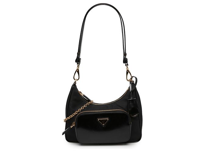 Prada Black Re Nylon Brushed Leather Front Pocket Hobo