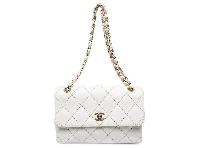 Chanel White Medium Lambskin Wild Stitch Single Flap Weiß