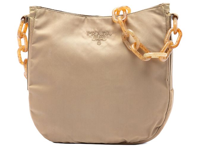 Bolsa de Ombro Prada em Tessuto Bege com Corrente de Resina