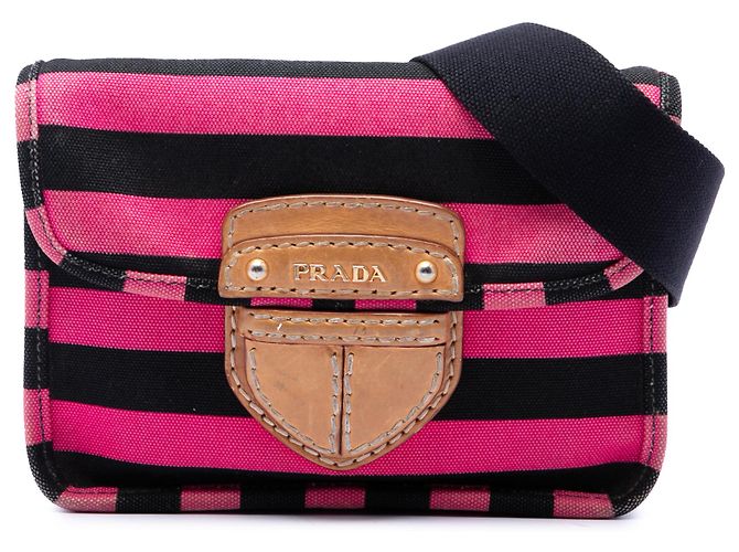 Prada Borsa a Tracolla in Tela Canapa Righe Rosa