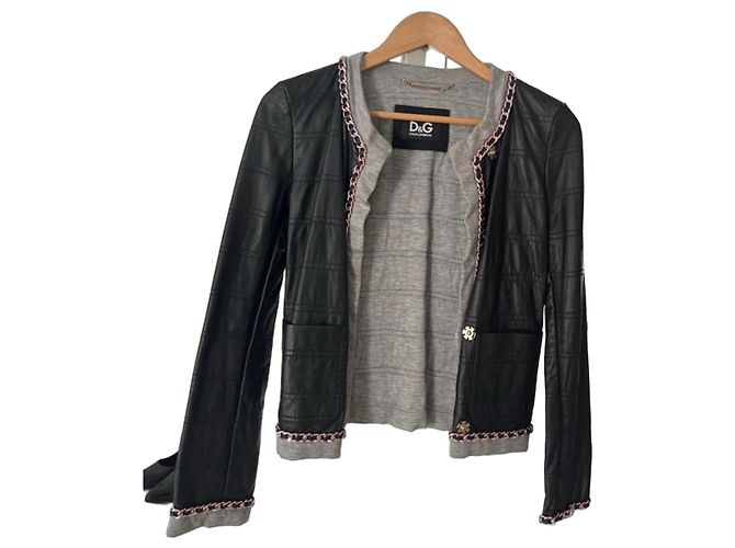 Dolce & Gabbana D&G Lederjacke Schwarz gesteppt mit Ketten-Details Grau