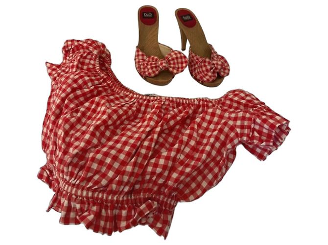 D&G Conjunto de Top e Mules Dolce & Gabbana em Xadrez Vermelho e Branco
