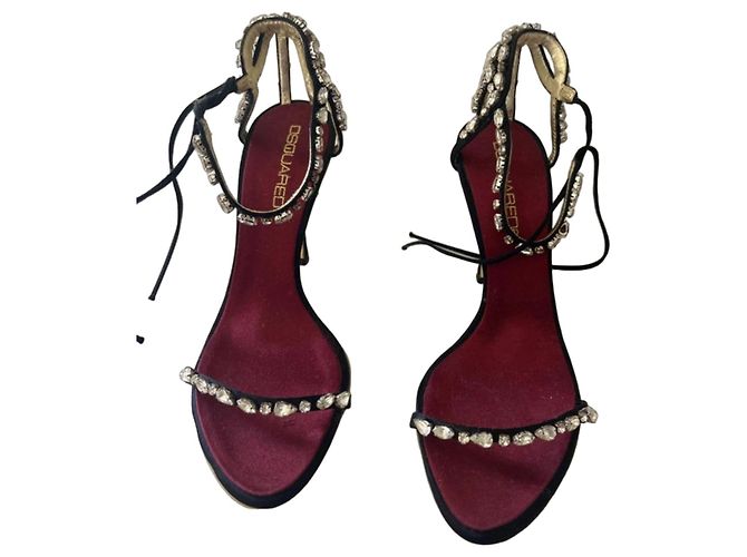 Dsquared2 Crystal Embellished Satin High-Heel Sandals Black Gold hardware