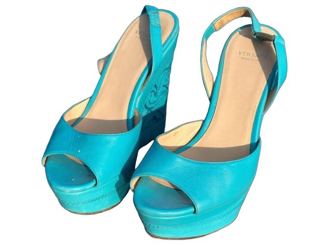 Medusa Sandali con zeppa Versace in pelle blu