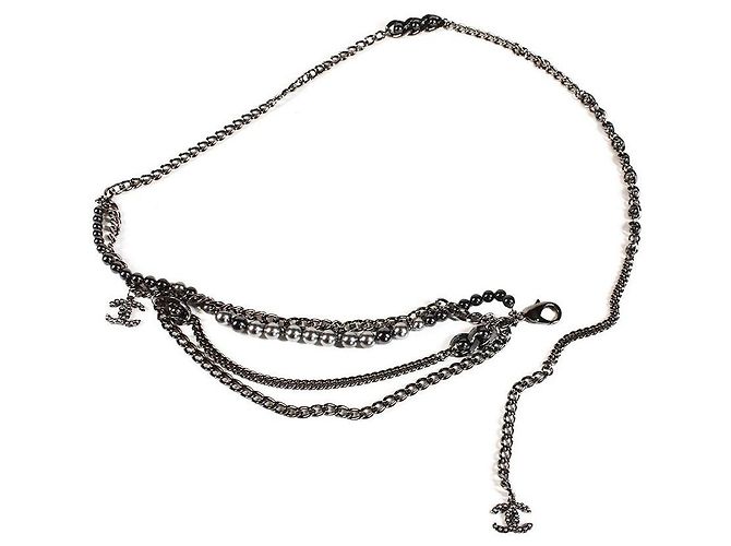 Cinto de corrente e pérolas Chanel Cinza Hardware prateado
