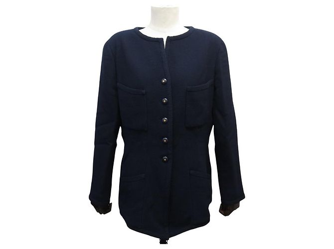 VINTAGE CHANEL JACKET CC LOGO BUTTONHOLE 40 M WOOL NAVY BLUE COAT