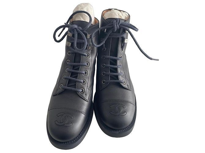 Chanel Blue Leather Lace-Up Boots with CC Logo Black Dark blue