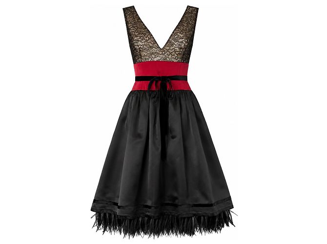 Carolina Herrera Kleid aus schwarzer Spitze, Satin und Federn Rot