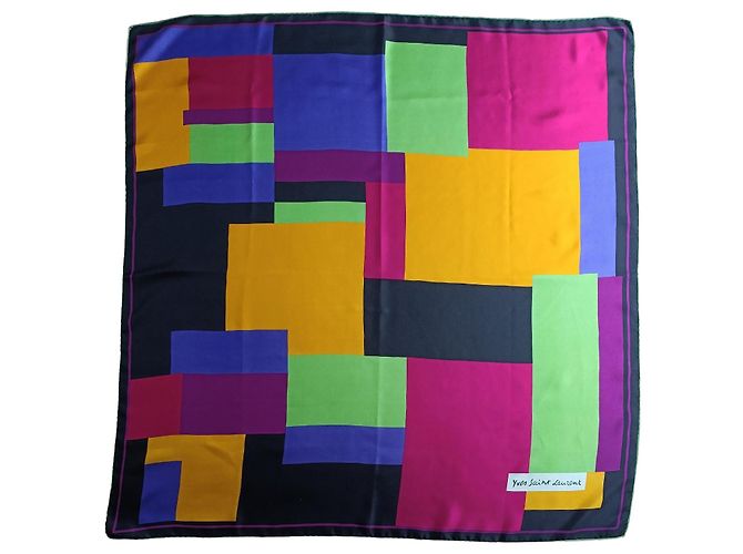 Lenço de seda Yves Saint Laurent Geométrico Preto Rosa Azul Verde Roxo Amarelo