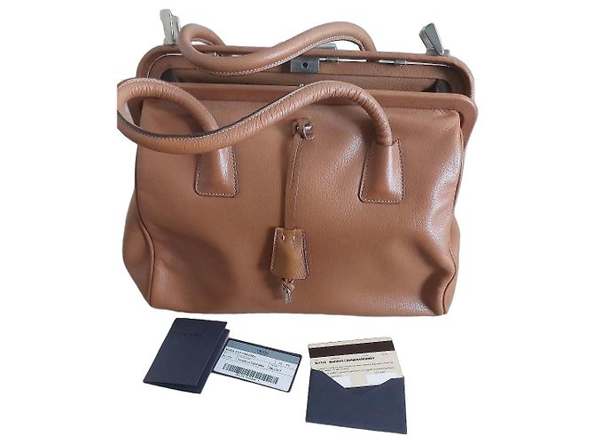 Prada Madras Cerniera Brandy Lederhandtasche Karamell