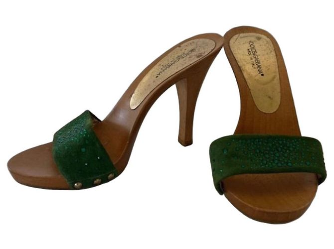 Dolce & Gabbana Sandali Zeppa in Camoscio Verde e Strass