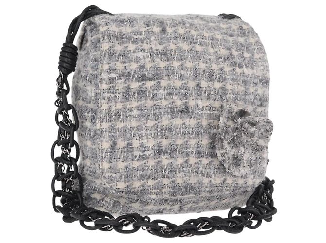 Bolsa de Ombro CHANEL Camellia Chain em Tweed Cinza com CC Prateado Auth ki6898M Marrom Prata