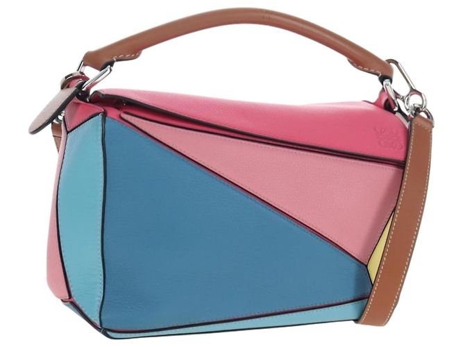 LOEWE Puzzle Bag Small Hand Bag Leather 2way Multicolor Silver Auth 206398SAM Silvery Multiple colors