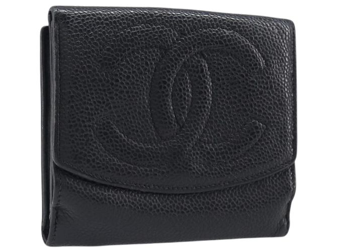 Cartera CHANEL COCO Mark Caviar Skin Black Silver CC Auth 206048 Negro Plata