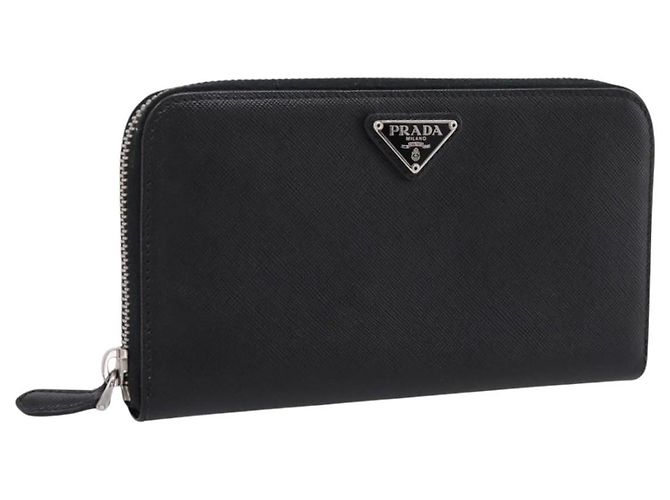 PRADA Long Wallet Saffiano leather Black Silver Auth 205215V Silvery
