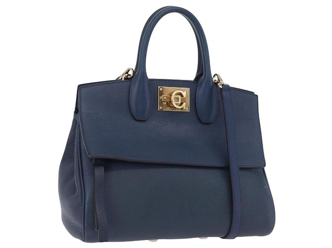 Borsa Salvatore Ferragamo Gancini Studio in pelle 2way Navy Gold Auth 206236A