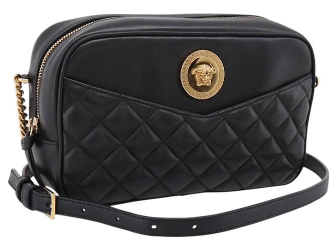 Sac à épaule à chaîne VERSACE en cuir noir et or Auth BA16023M Doré