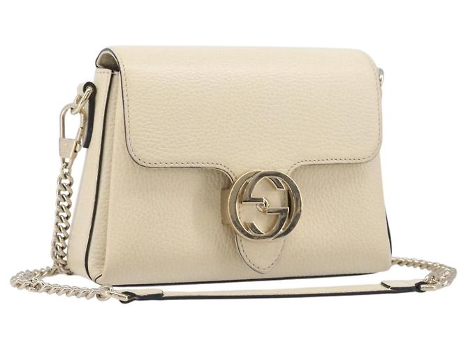Bolsa de Ombro GUCCI Interlocking G Chain em Couro Branco Dourado 607720 Auth 207449V
