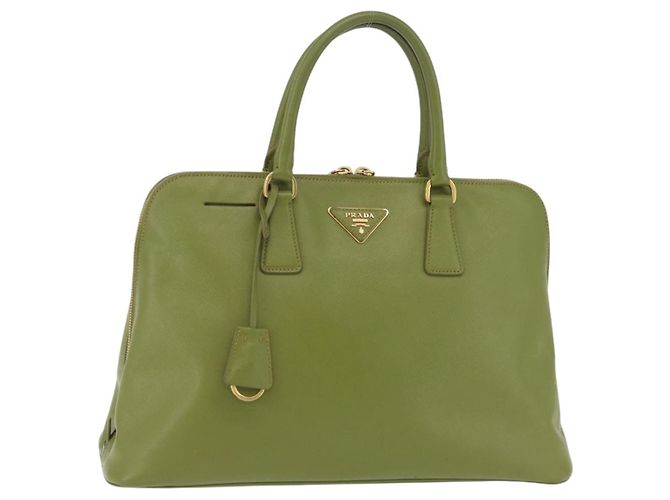 PRADA Handtasche Saffiano Leder Green Gold Auth 207400V Golden Grün