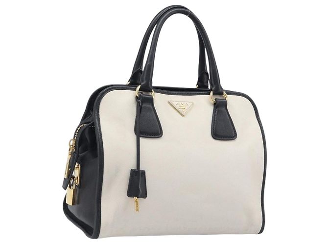 Saffiano Bolsa de mão PRADA Couro Safiano White Gold Auth bs37455A Branco Dourado