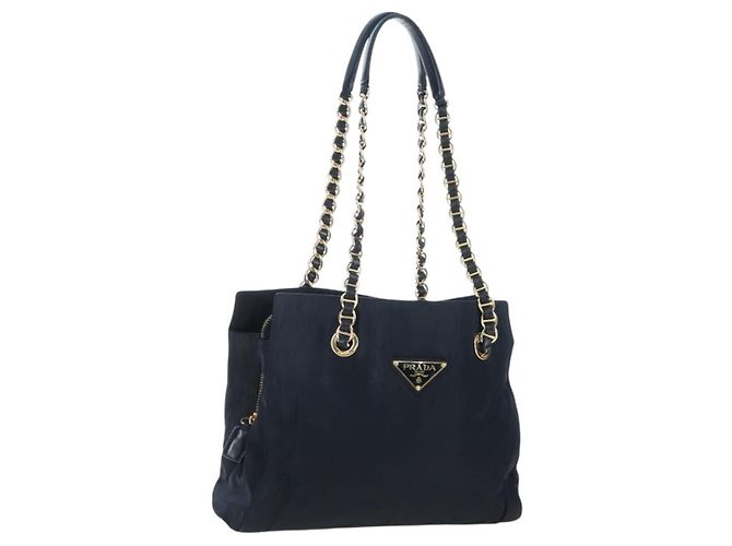 Saco Tote de corrente PRADA Nylon Navy Gold Auth am12703V Dourado Azul marinho
