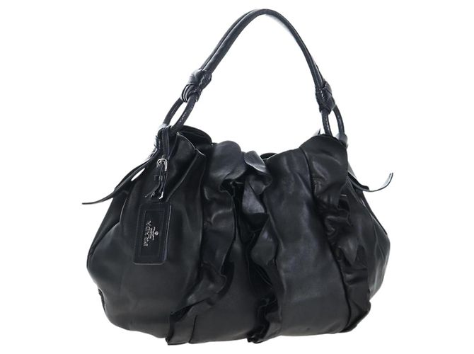 Borsa a tracolla con volant PRADA in pelle nera argento Auth am12754V Nero