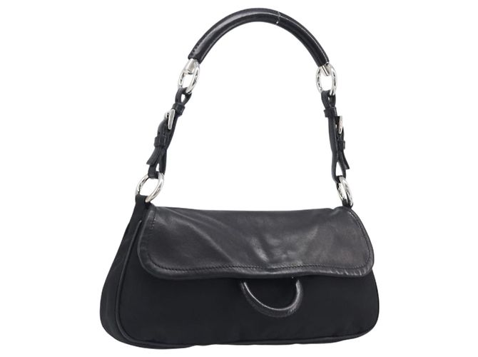 Borsa a Tracolla PRADA Pelle Nylon Nero Argento Auth 206861V