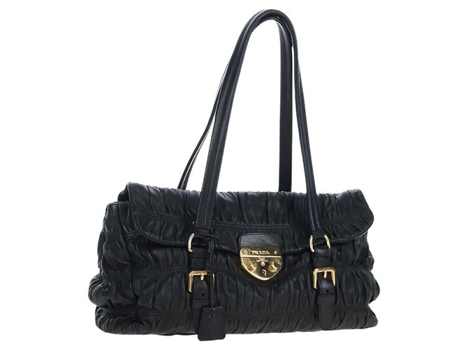 Borsa Tote a rucchio PRADA in pelle nera e oro Auth BA16064SAV Nero D'oro