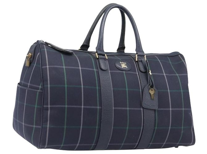 Borsa Boston Burberrys Nova Check Canvas Navy Gold Auth 201462A D'oro Blu navy