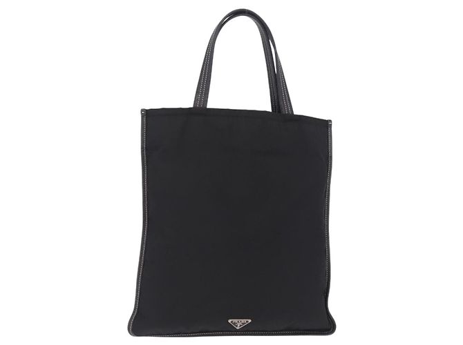 PRADA Tote Bag Nylon Leder Schwarz Silber Auth am12735A
