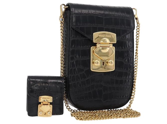 Bolsa de Ombro para Telemóvel Miu Miu em Couro Preto e Dourado Auth 167733A