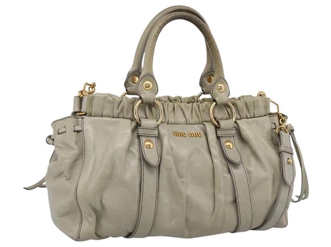 Bolsa Miu Miu Vitellolux em couro 2way Khaki tom dourado Auth 206665A Caqui