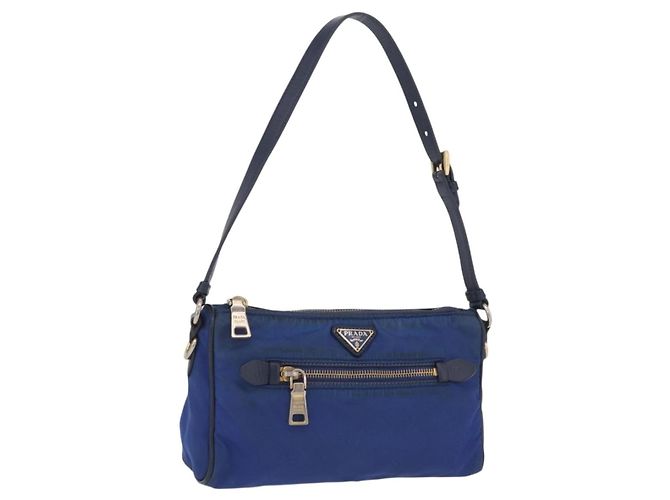 Sac à épaule PRADA Nylon Bleu Or Auth 202491 Doré