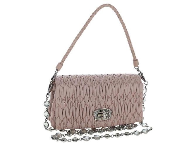 Bolsa de Ombro Miu Miu Matelassé com Corrente em Couro 2way Rosa Prata Auth 206389M