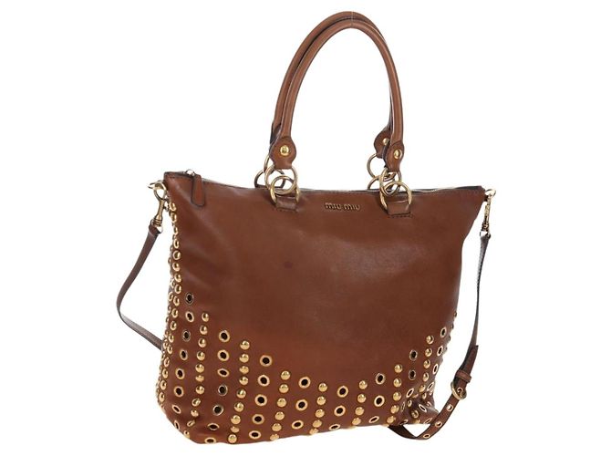 Sac à main Miu Miu en cuir 2way Marron Or Auth 202512A Doré