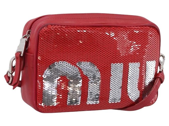 Miu Miu Shoulder Bag Leather Sequins Red Silver Auth 167643A Silvery