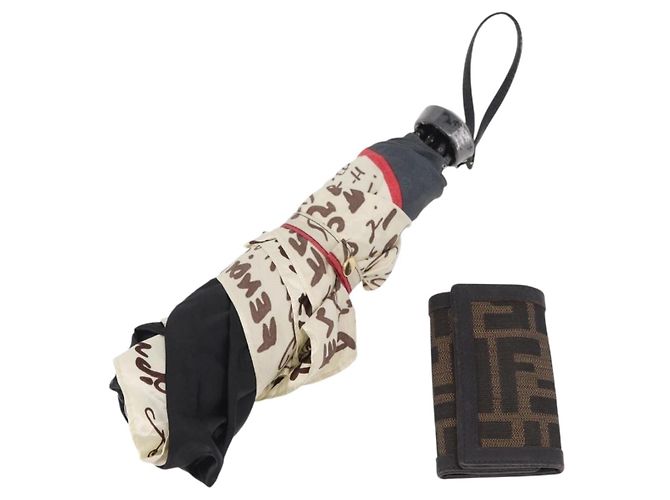 FENDI Zucca Canvas Folding Umbrella Key Case Nylon 2 Set Black Auth ar14318 Brown