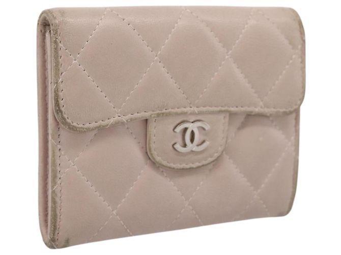 Portafoglio CHANEL Matelasse in pelle d'agnello beige e argento CC Auth 205317